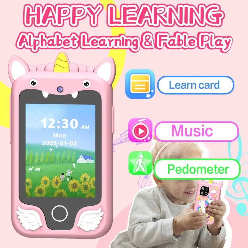 Kids' Educational Smartphone Toy with 2.8" HD Screen, Unicorn Design, Stereo Speakers, Media Card Reader, USB Charging, Rechargeable