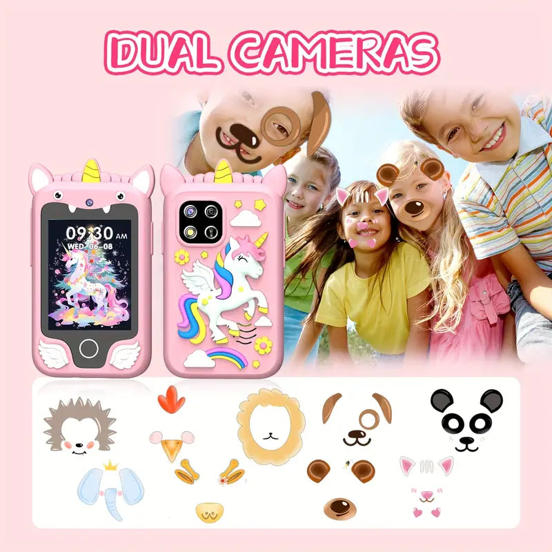 Kids' Educational Smartphone Toy with 2.8" HD Screen, Unicorn Design, Stereo Speakers, Media Card Reader, USB Charging, Rechargeable