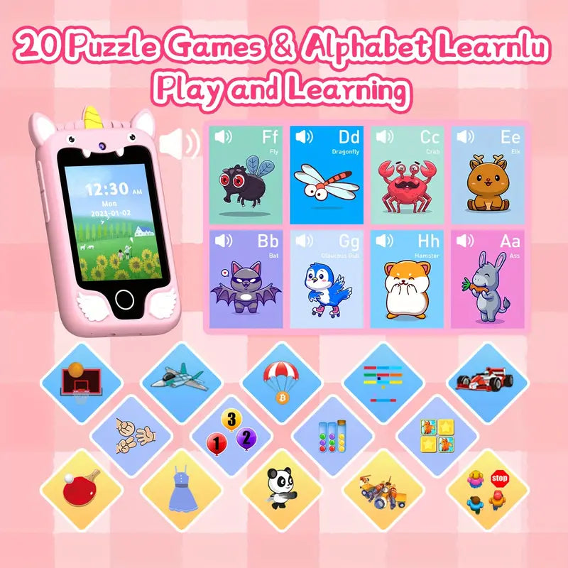 Kids' Educational Smartphone Toy with 2.8" HD Screen, Unicorn Design, Stereo Speakers, Media Card Reader, USB Charging, Rechargeable
